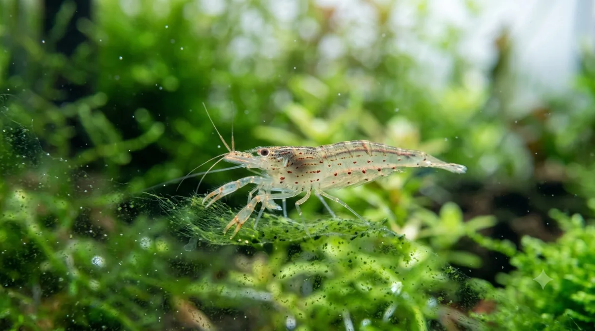 camarao amano limpando algas no aquario plantado