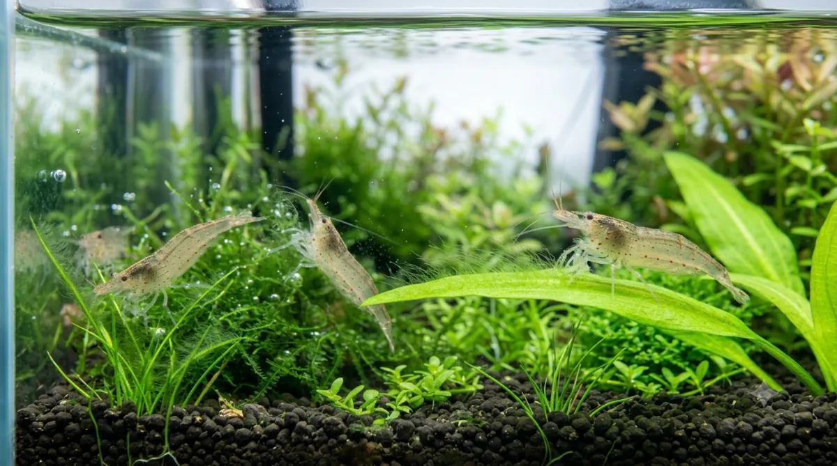 grupo de camarao amano limpando algas no aquario plantado