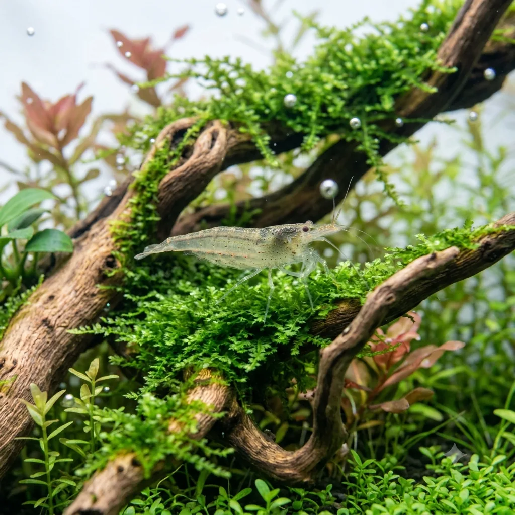 camarao amano sobre tronco com musgo de java no aquario plantado