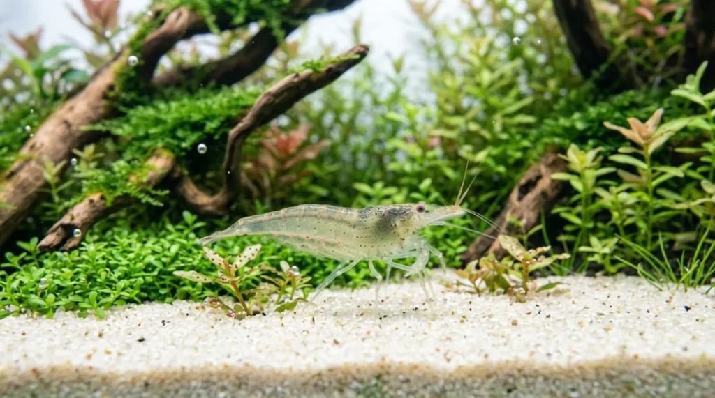 camarao fantasma transparente em close sobre areia no aquario plantado