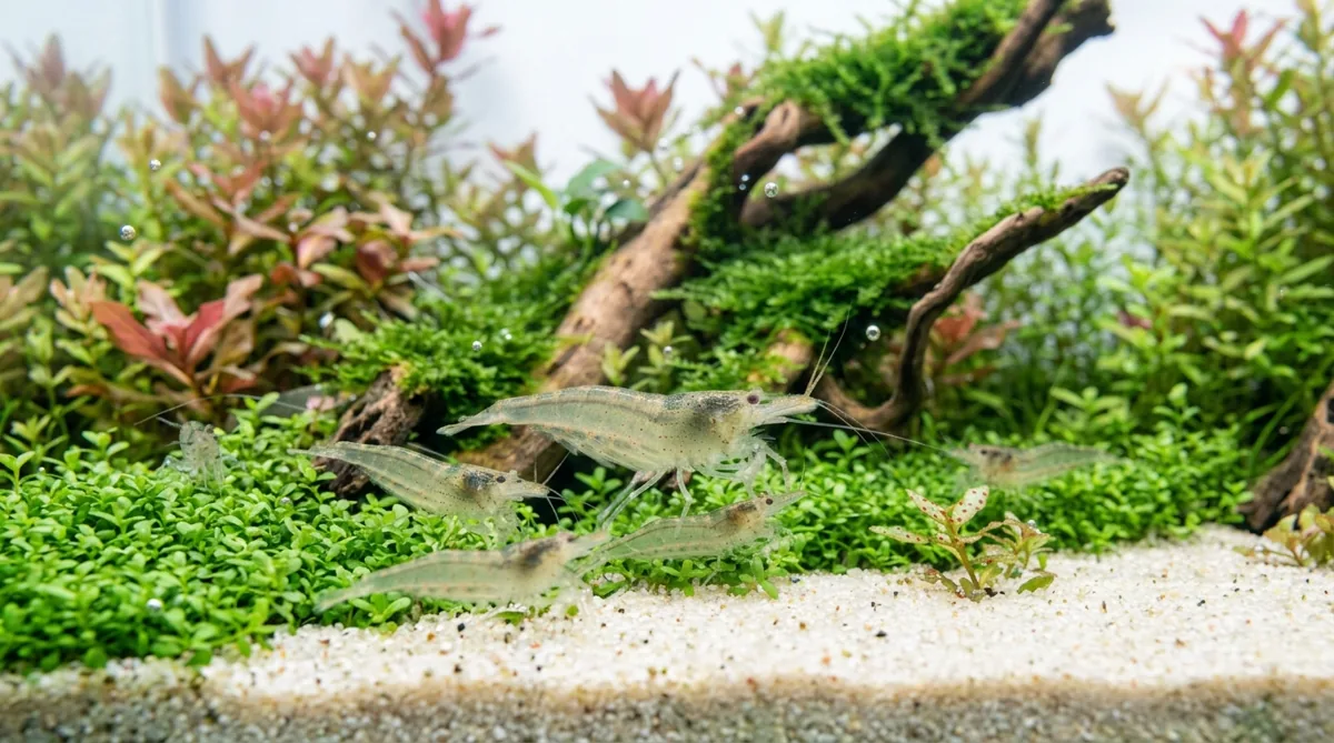 grupo de camarao fantasma transparente sobre cascalho no aquario plantado