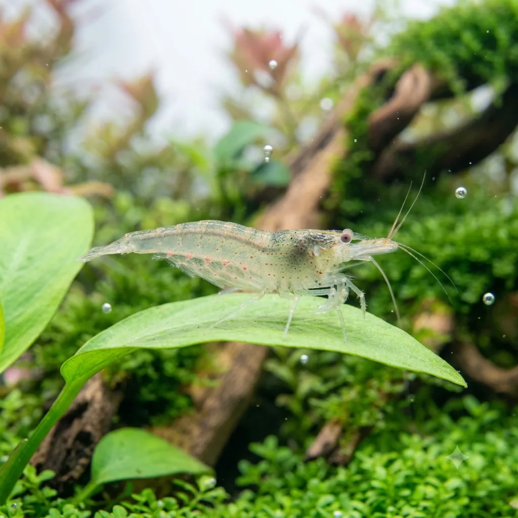 camarao fantasma transparente sobre folha verde no aquario
