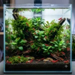 aquario de camarao red cherry montado com plantas e substrato escuro