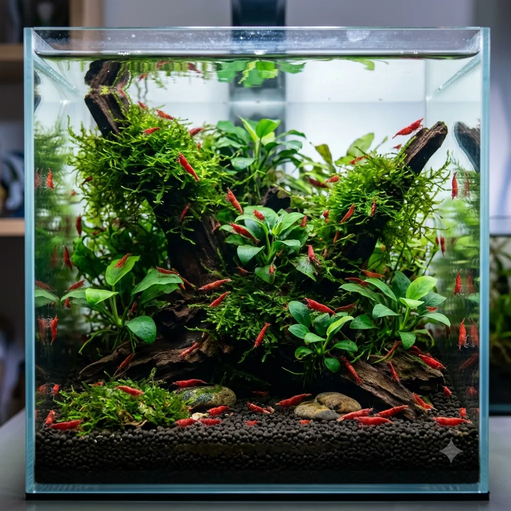 aquario de camarao red cherry montado com plantas e substrato escuro