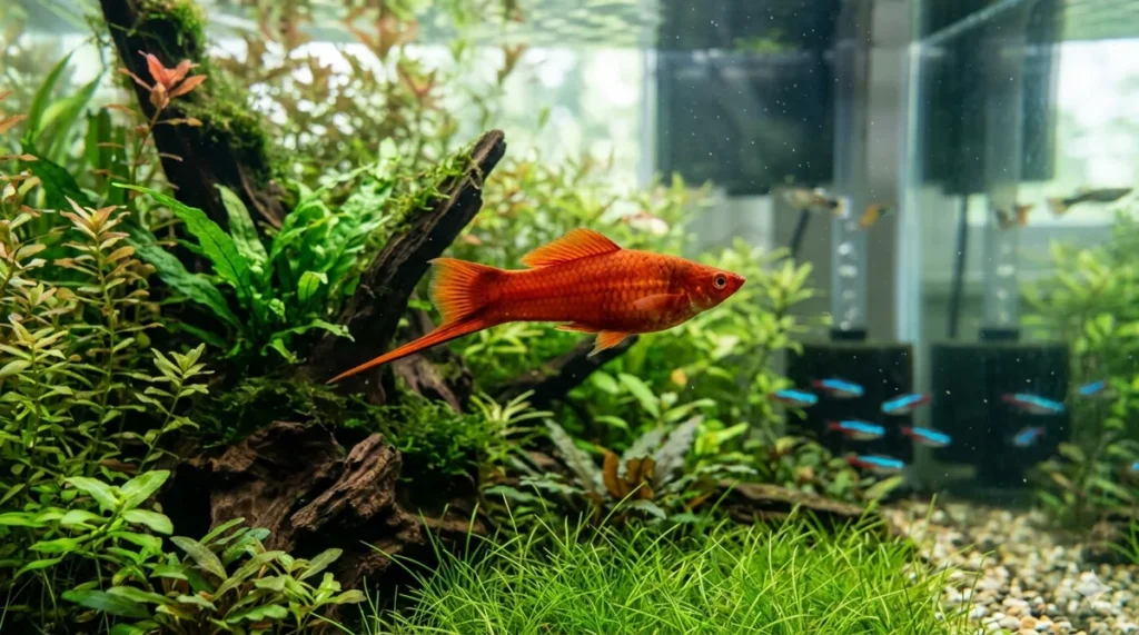 Peixe espada vermelho em aquário plantado de água doce