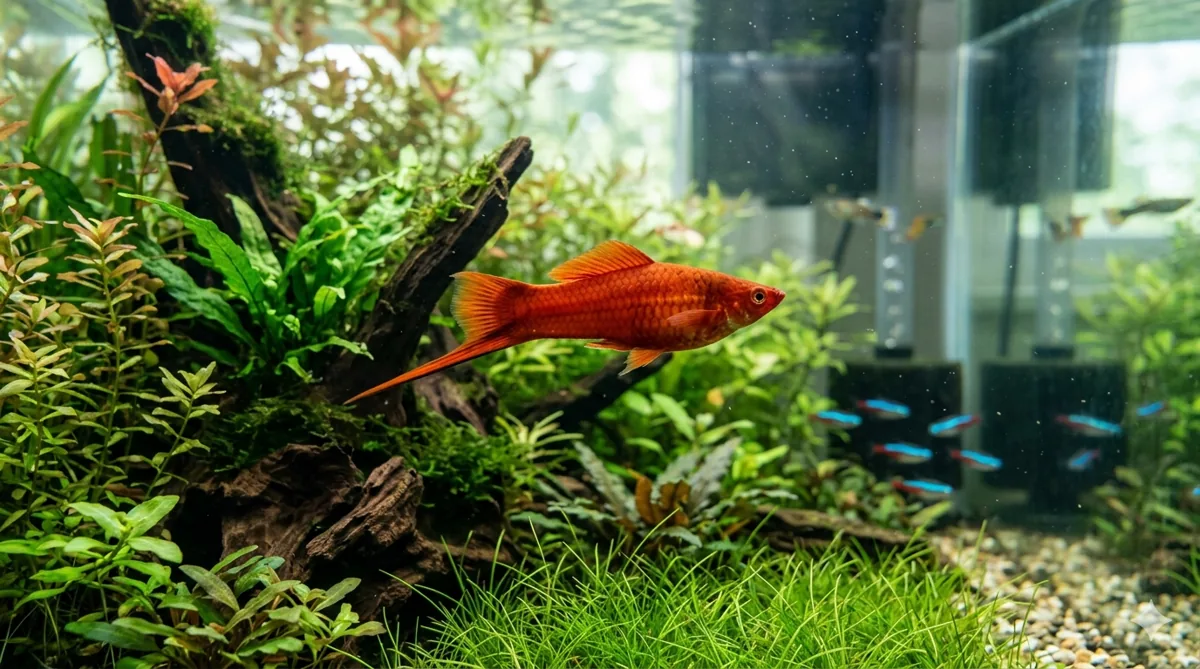Peixe espada vermelho em aquário plantado de água doce