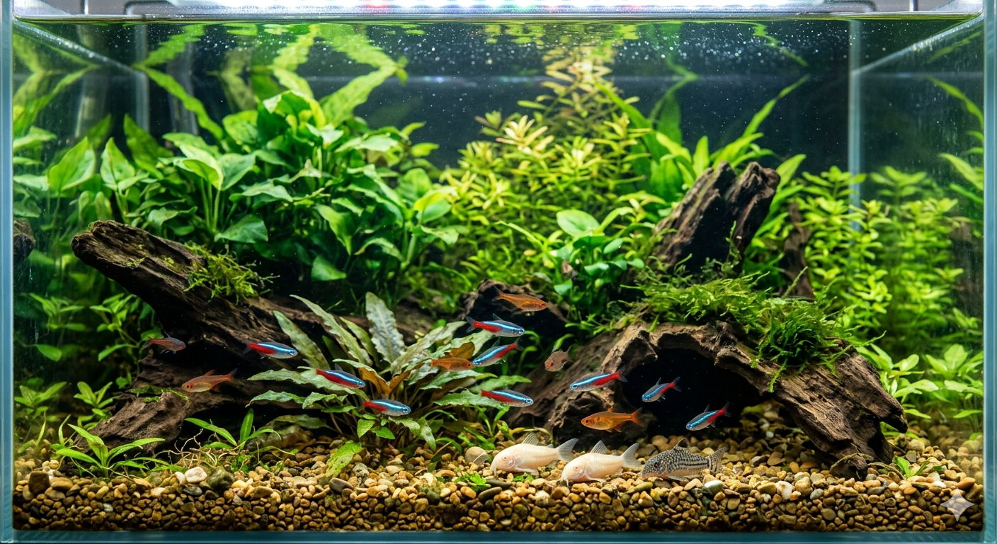 Aquário plantado com cardume de tetra neon e coridoras vasculhando o substrato