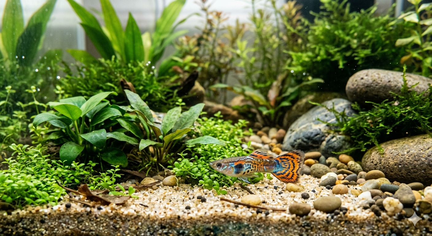 Guppy colorido nadando em aquário plantado saudável