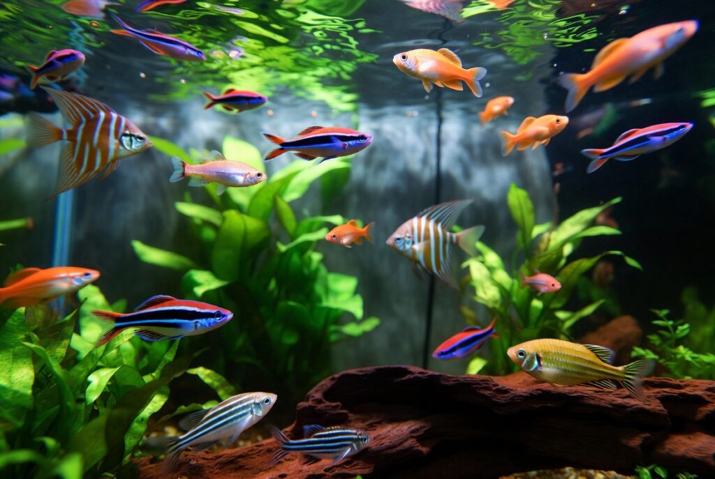 Aquário comunitário de água doce com tetras neon, guppies, acará bandeira e corydoras entre plantas verdes