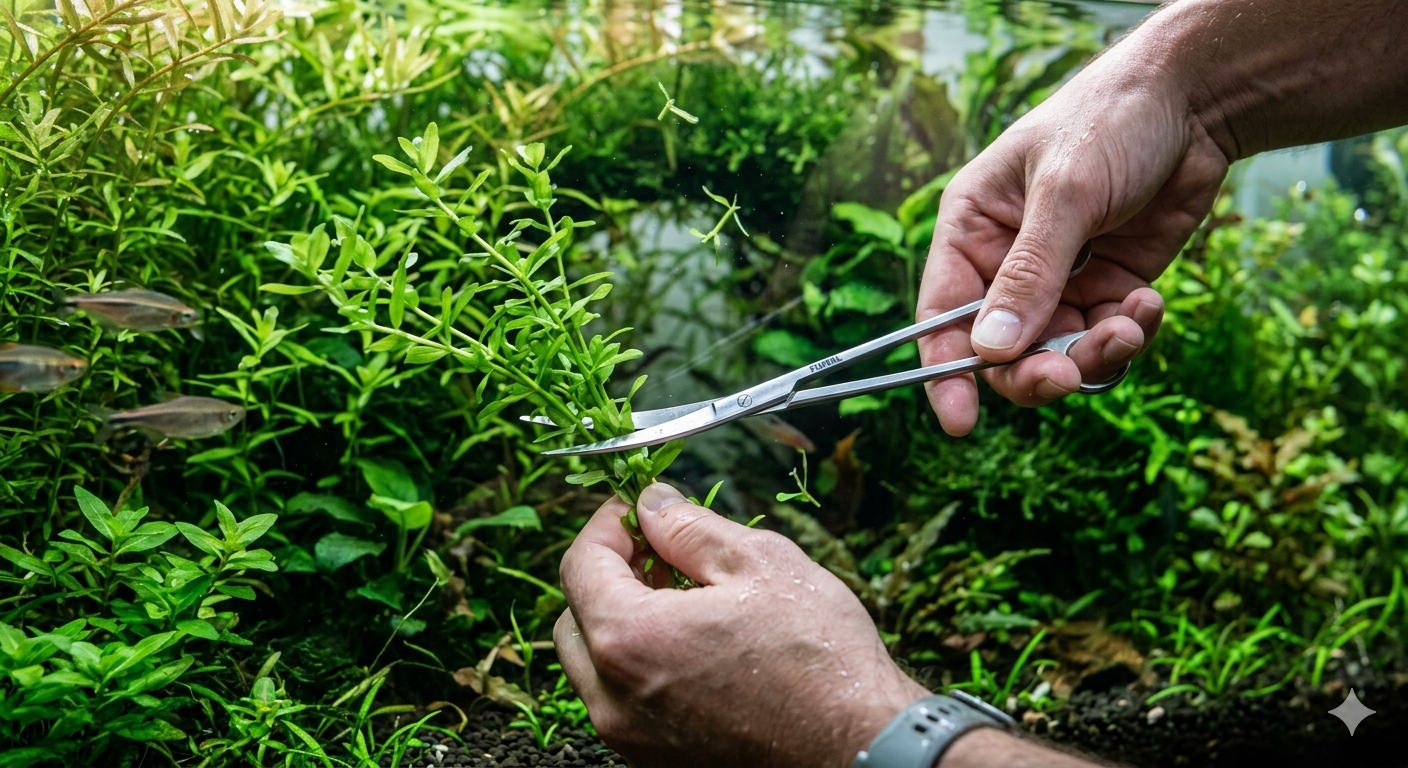 Mãos podando plantas aquáticas com tesoura de aquascaping