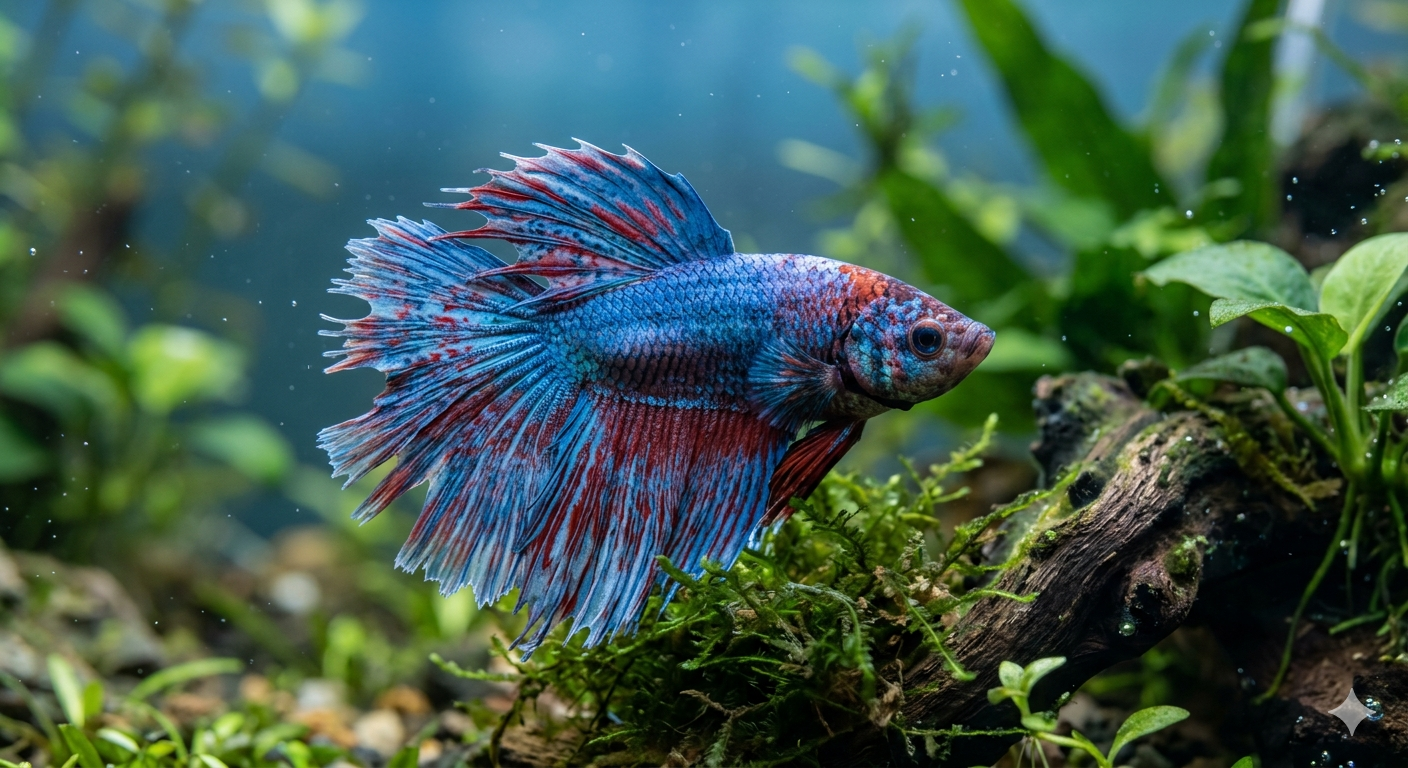 Peixe betta azul com nadadeiras longas e exuberantes em aquário plantado