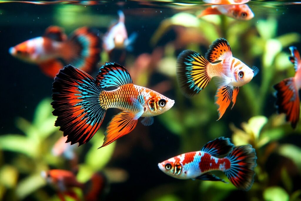  Peixes Mais Populares para Aquario. Machos de guppy com caudas multicoloridas nadando em aquário plantado com luz natural