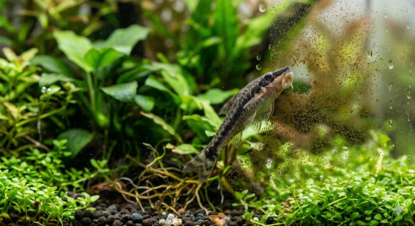 Peixe otocinclus raspando algas do vidro do aquário plantado