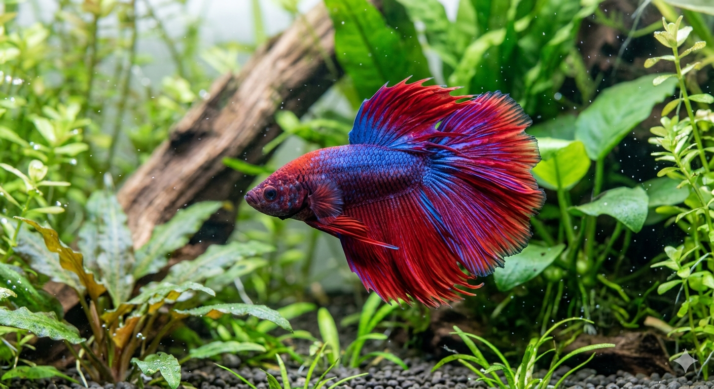Peixe betta vermelho e azul nadando entre plantas aquáticas em aquário plantado