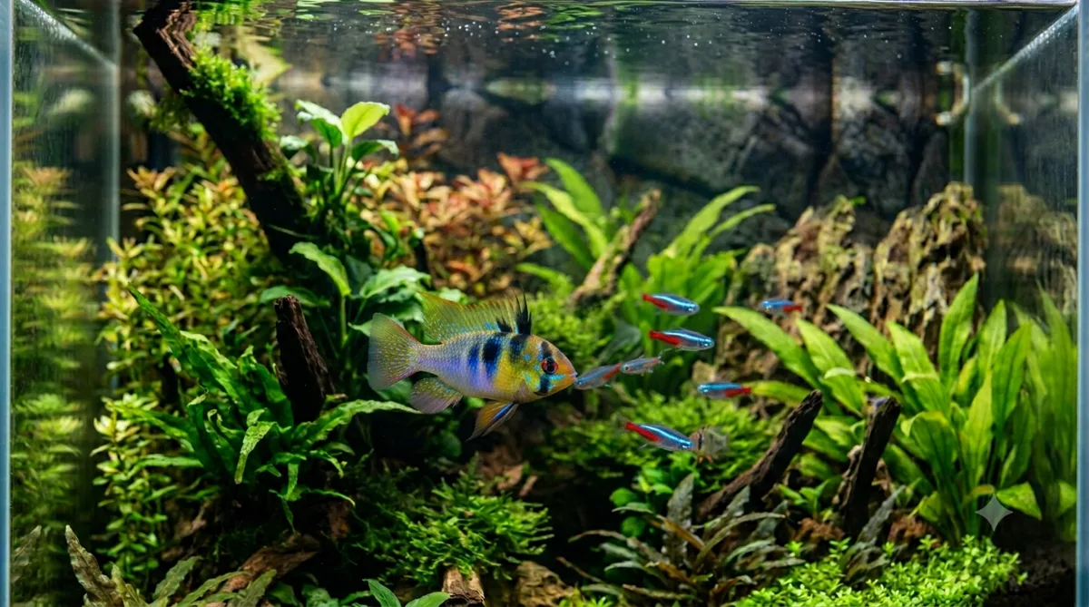ramirezi azul (Mikrogeophagus ramirezi) em aquário plantado