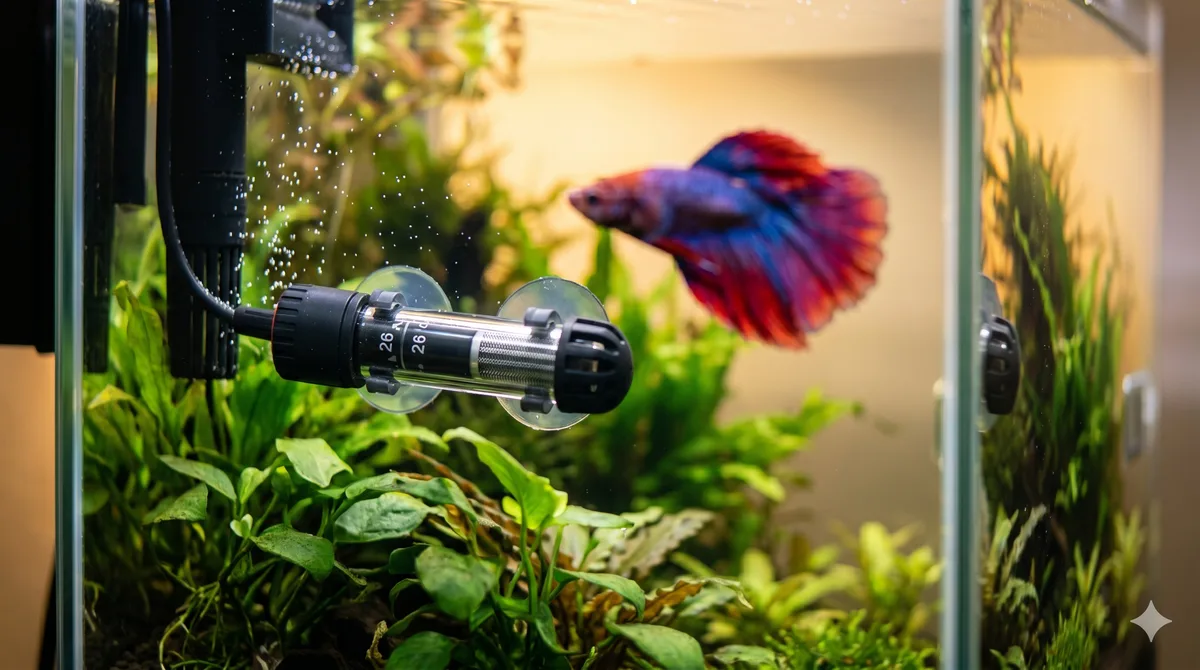 termostato nano instalado na horizontal em aquário de betta