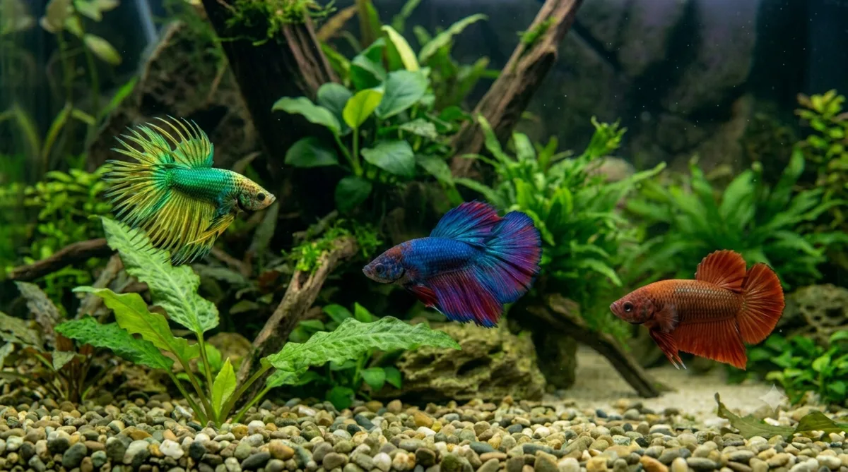 variedades de peixe betta: halfmoon, crowntail e plakat em aquário plantado