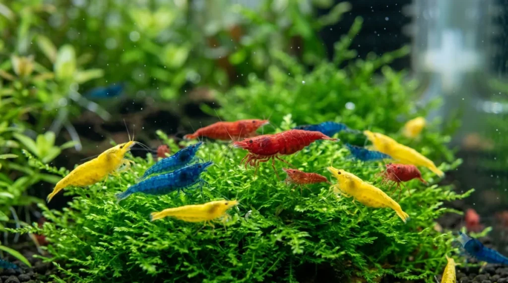 tipos de camarao de aquario coloridos vermelho azul e amarelo sobre musgo