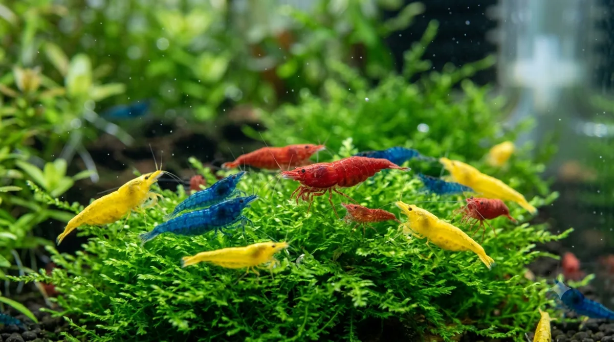 tipos de camarao de aquario coloridos vermelho azul e amarelo sobre musgo
