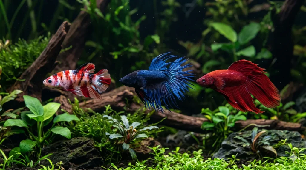 tipos de peixe betta com caudas e cores diferentes lado a lado