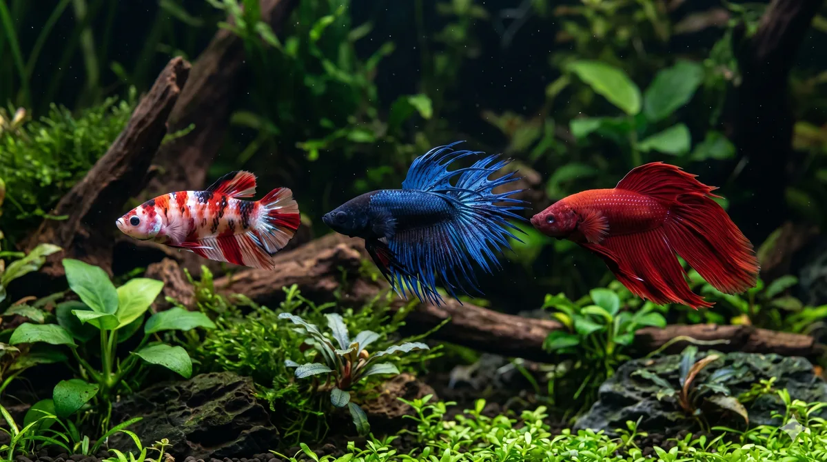 tipos de peixe betta com caudas e cores diferentes lado a lado