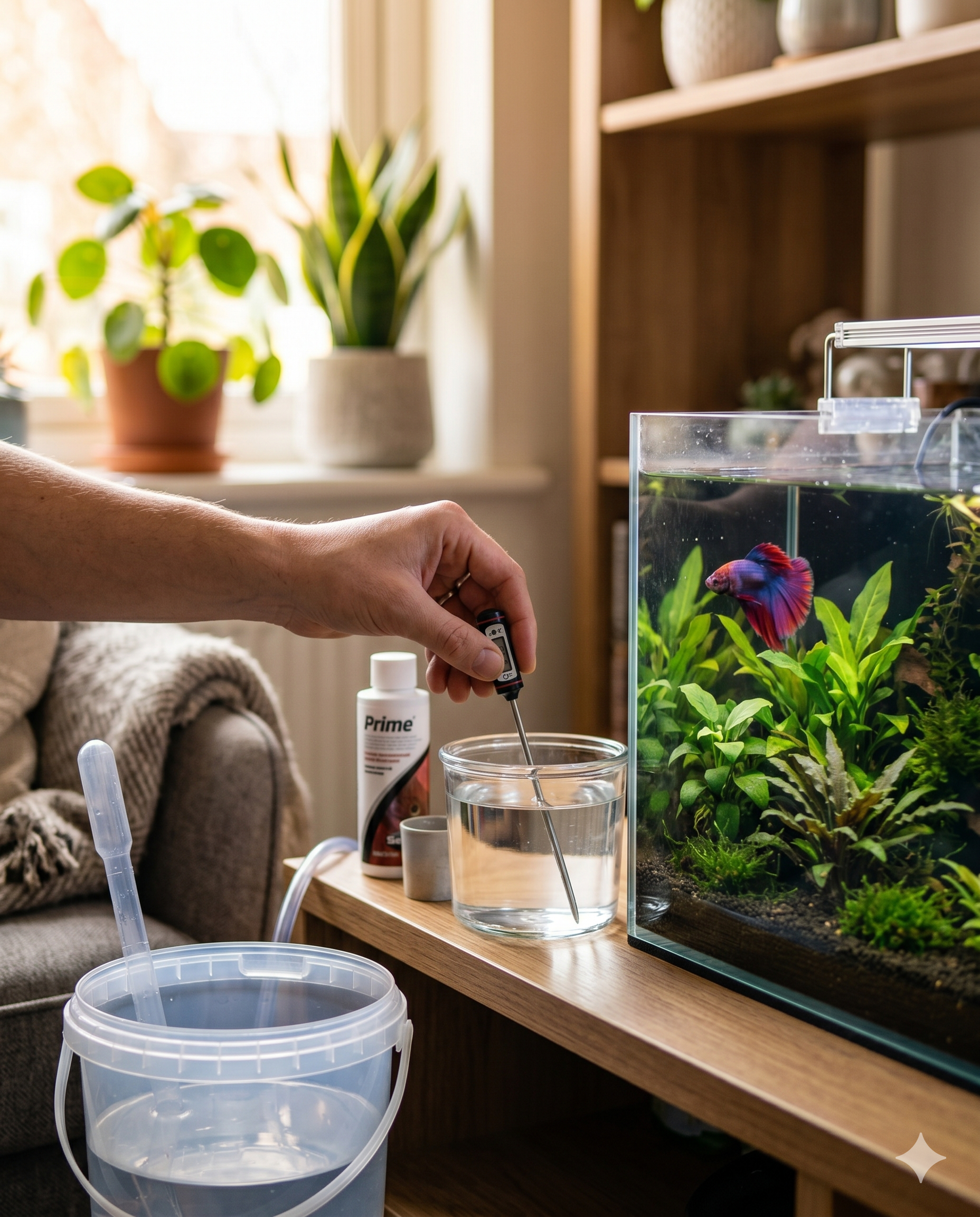 Mão adicionando Seachem Prime ao aquário para tratar a água com betta