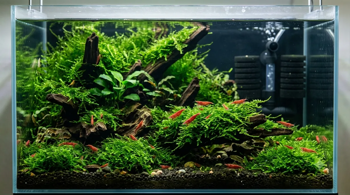 aquario para camarao montado com musgo de java e filtro de esponja