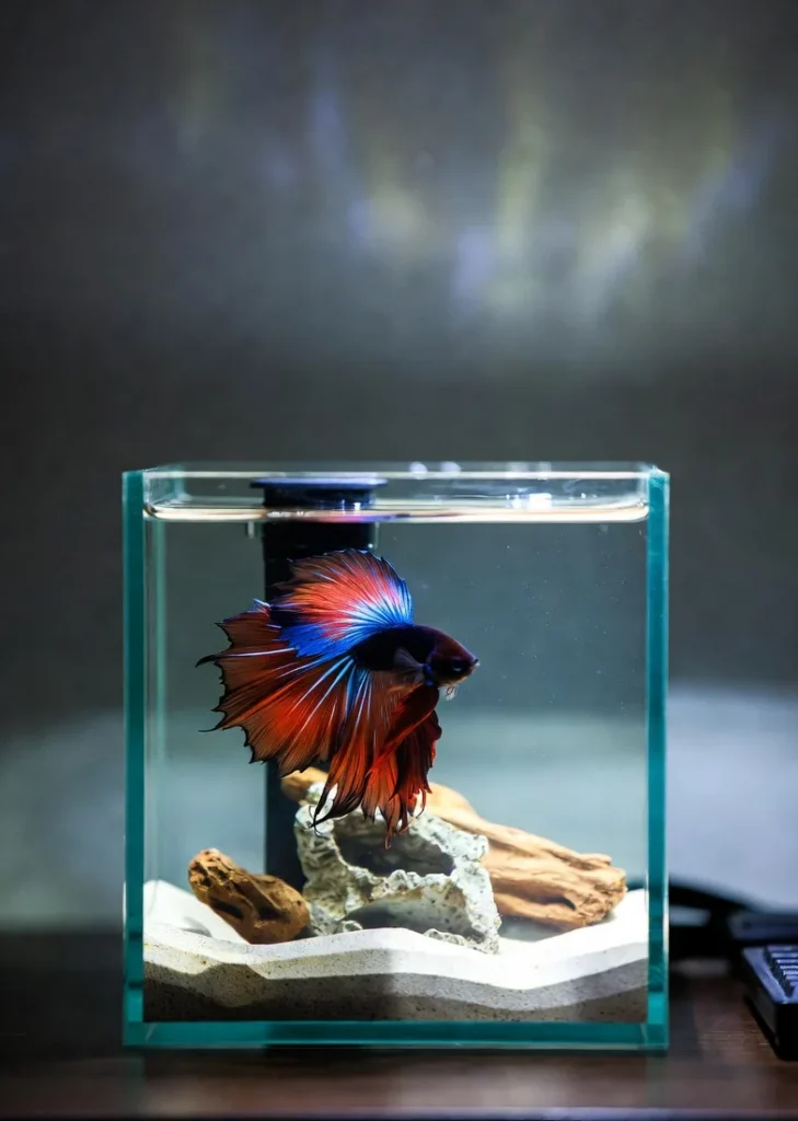 aquário pequeno de 20 litros com peixe betta, ideal para espaços compactos