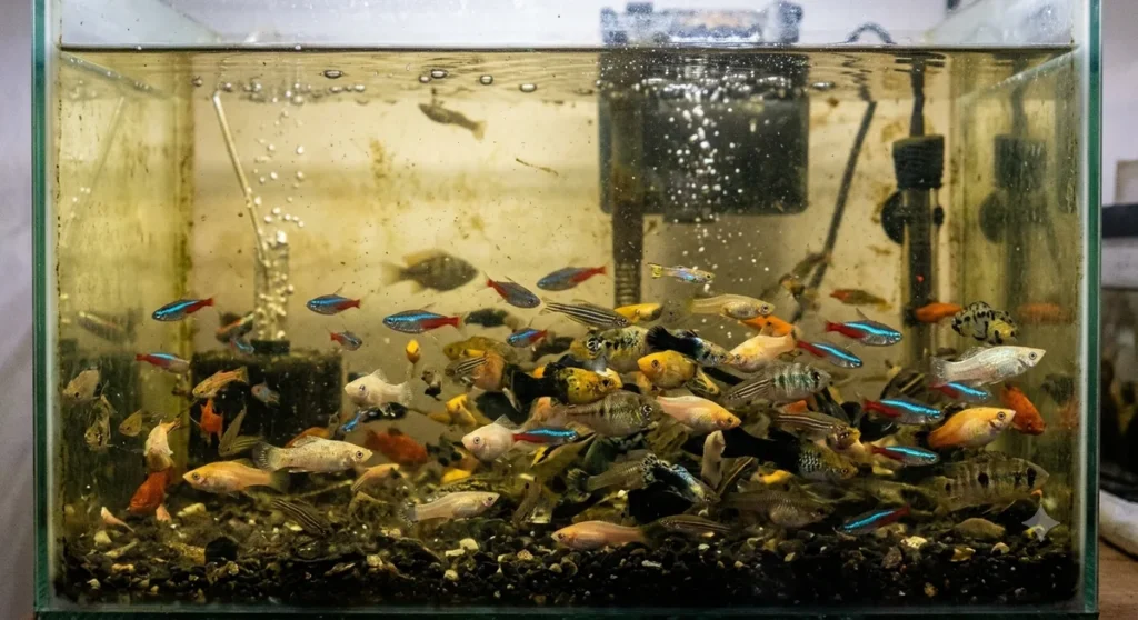 aquário com peixes demais mostrando sinais de superlotação