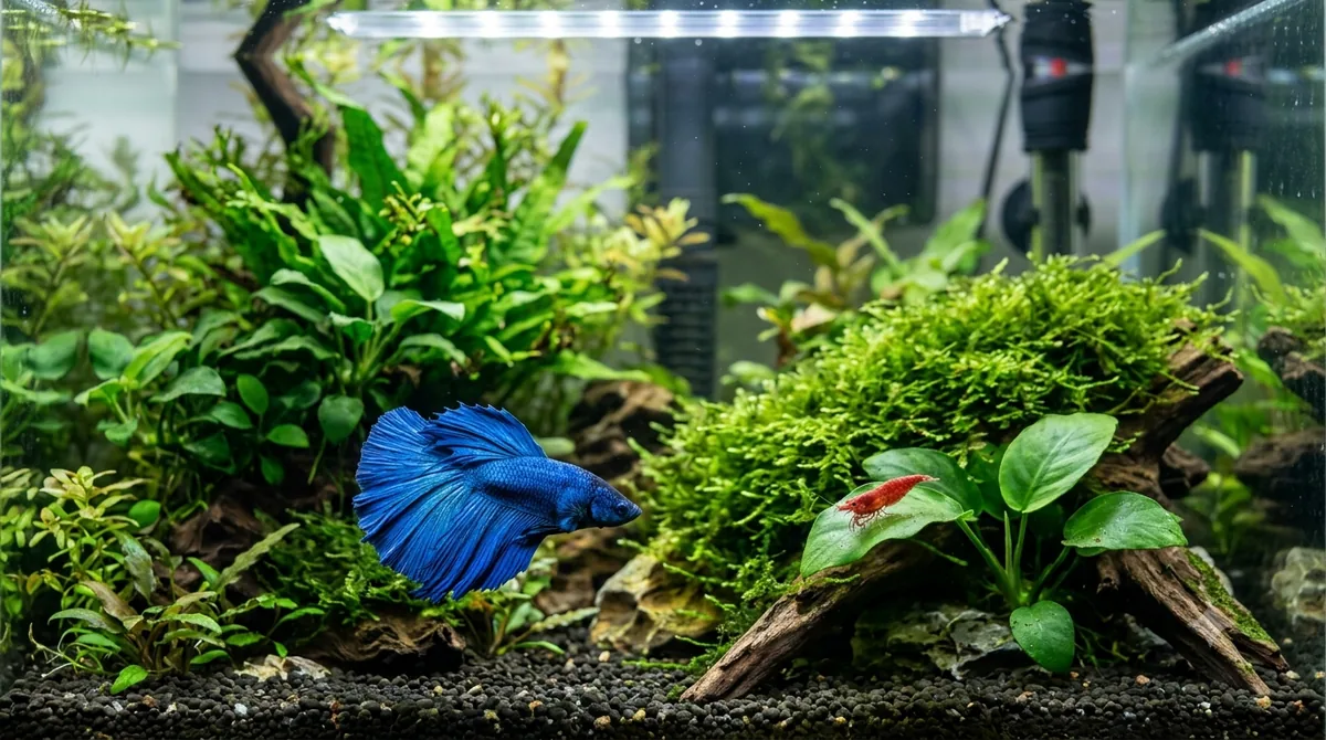 peixe betta e camarao red cherry no mesmo aquario plantado