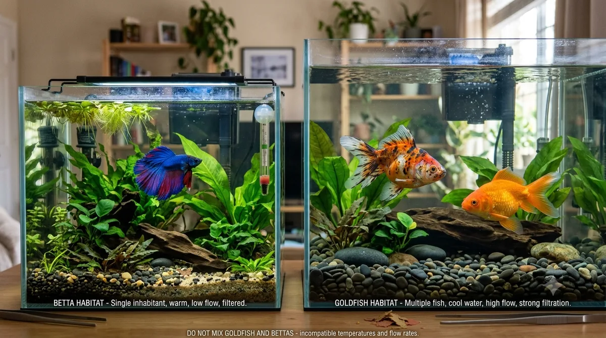 betta e kinguio em aquários separados, mostrando a incompatibilidade