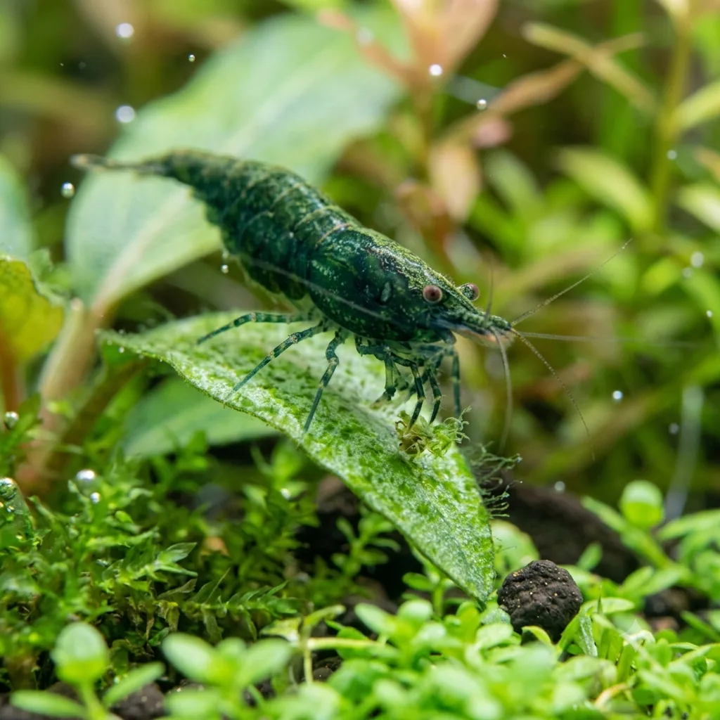 camarao de aquario raspando biofilme em folha verde