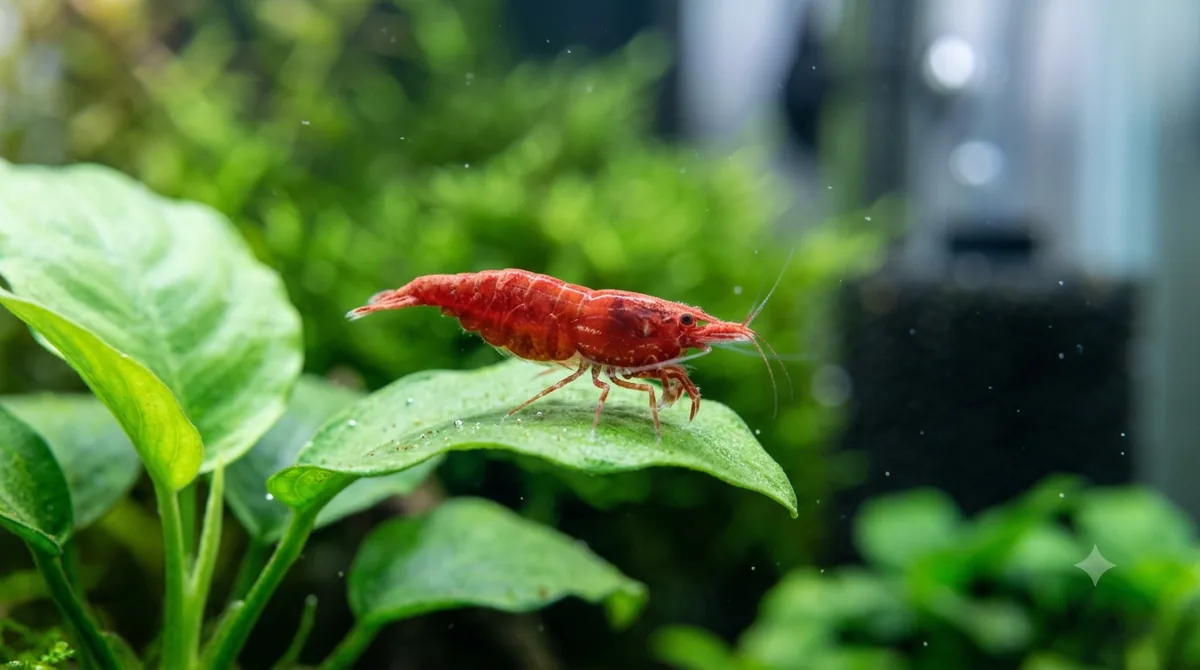 camarao de aquario red cherry em close sobre folha verde