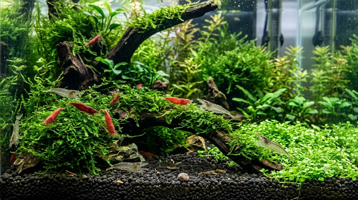 varios camarao de aquario coloridos em aquario plantado com musgo