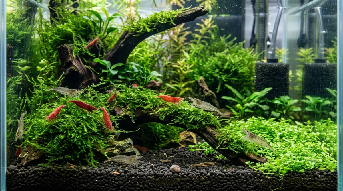 aquario plantado para camarao de aquario com musgo e filtro de esponja