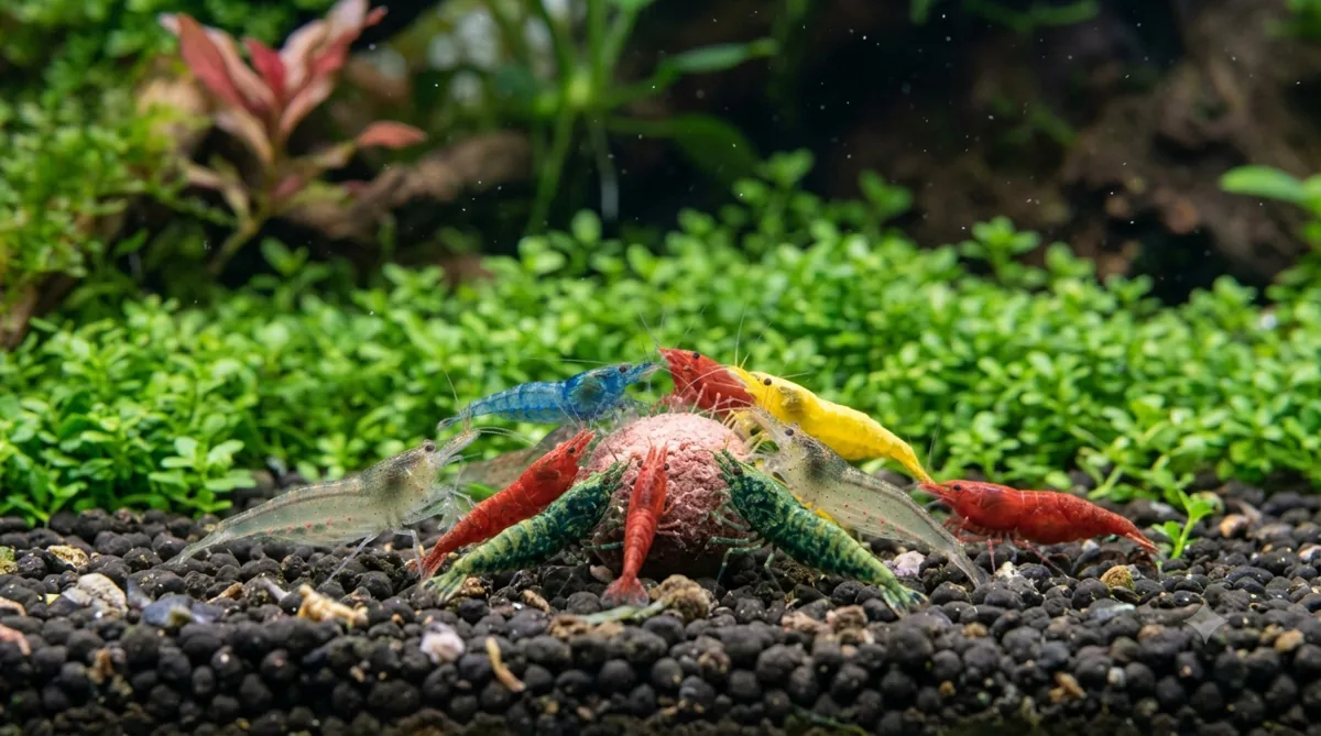 camaroes de aquario coloridos comendo pastilha de racao no fundo