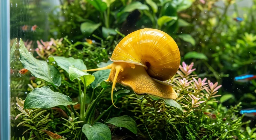 caramujo ampulária amarelo em aquário plantado