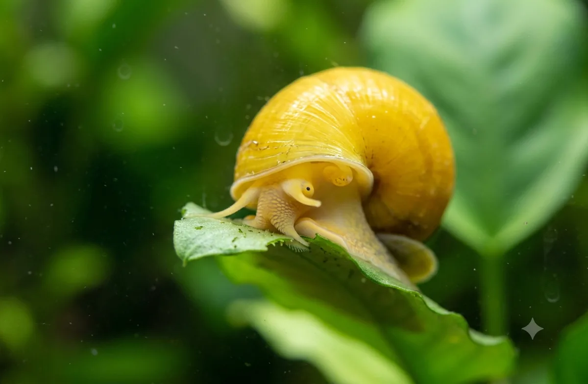 caramujo ampulária comendo folha de planta macia no aquário