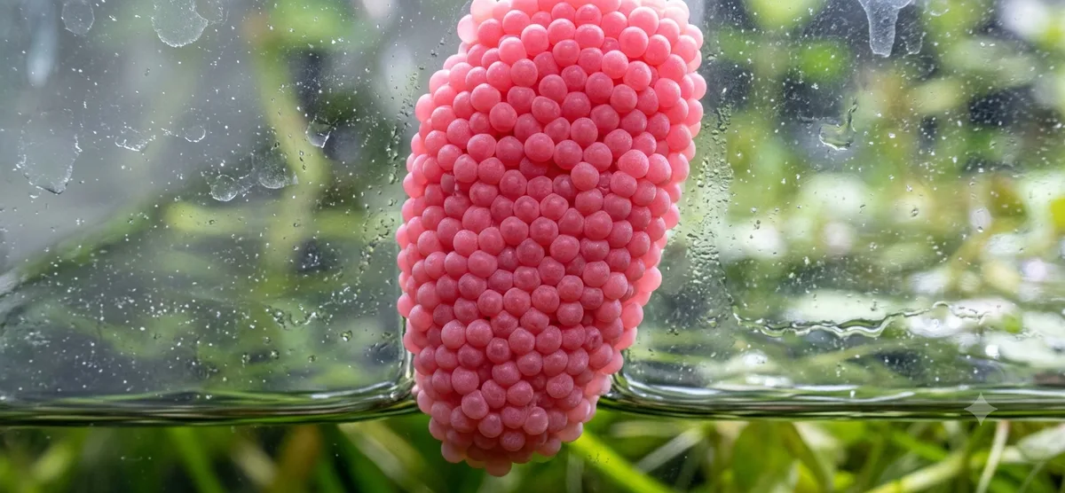 ovos rosados de caramujo ampulária acima da água na tampa do aquário