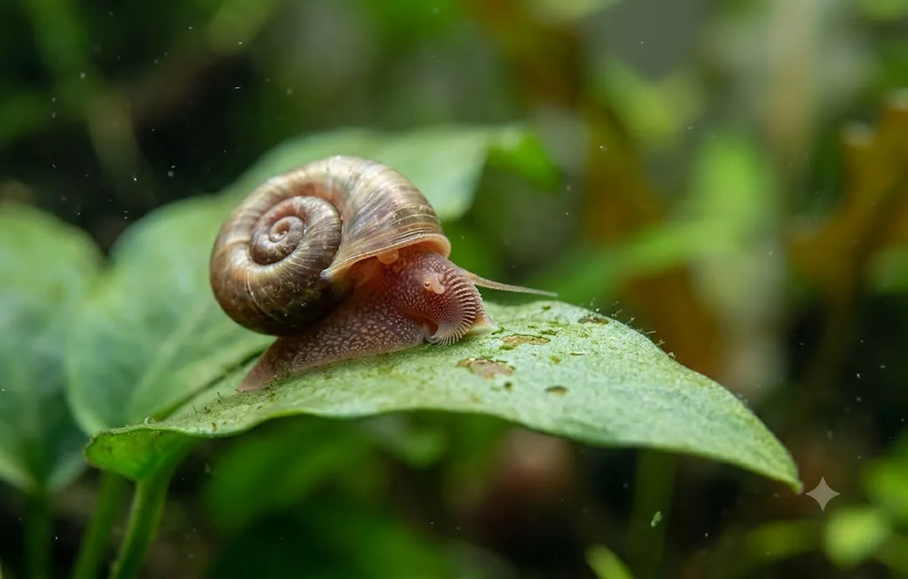 caramujo de aquário raspando alga e biofilme de uma folha