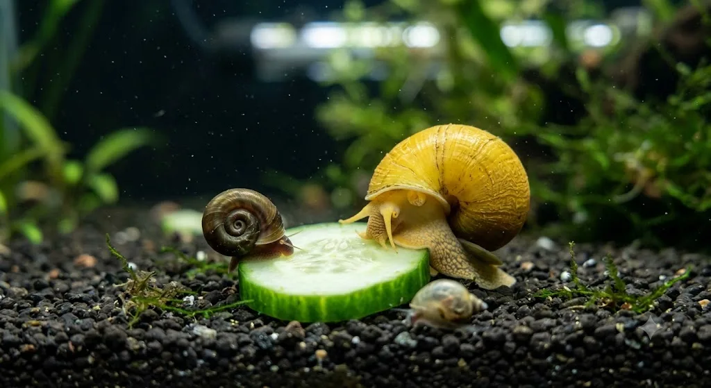 caramujos de aquário comendo pedaço de vegetal escaldado no fundo do aquário