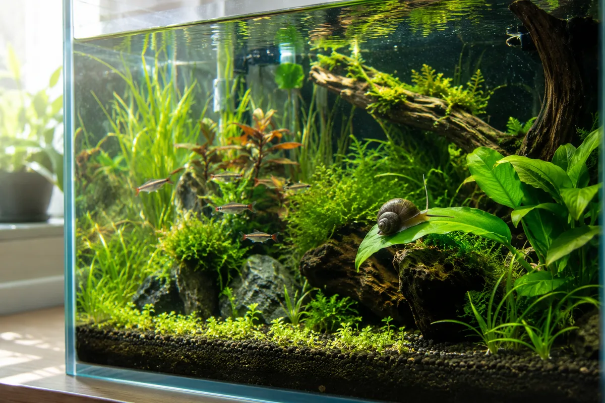 caramujo de aquário em aquário plantado bem cuidado