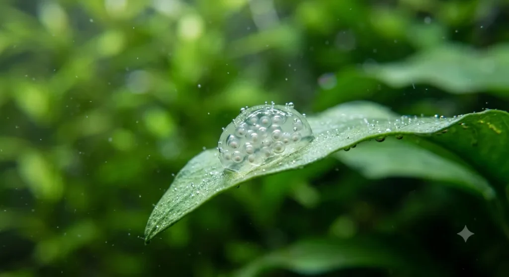 pequena massa de ovos de caramujo hermafrodita grudada em folha de planta aquática