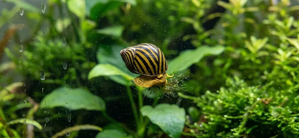 caramujo neritina zebra limpando alga do vidro do aquário