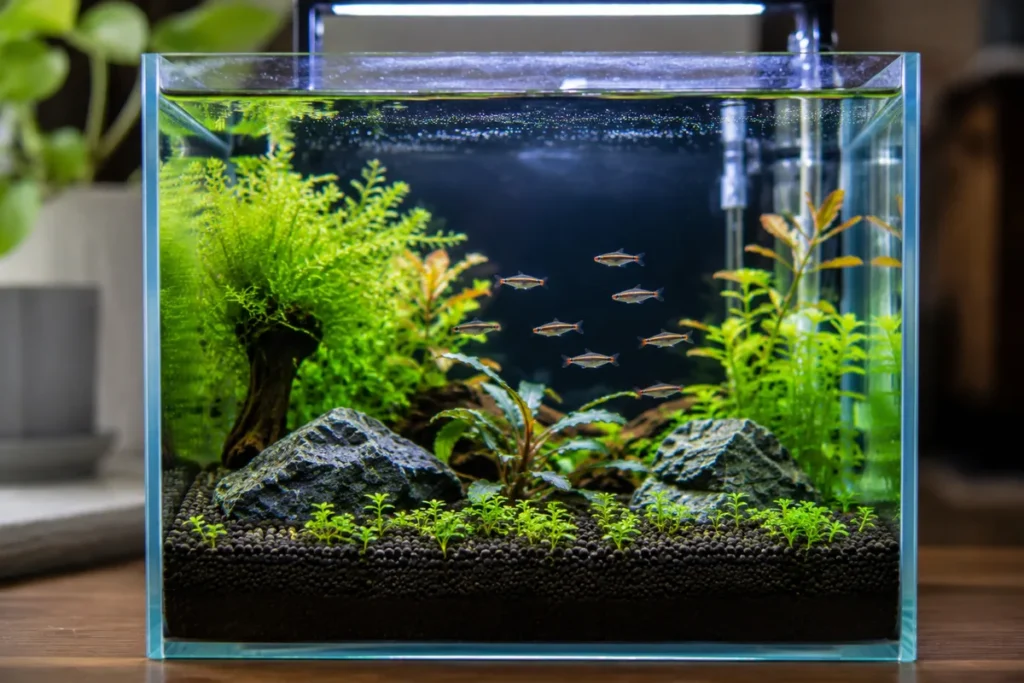 Peixes para Aquário Pequeno. cardume de peixes miniatura nadando em aquário pequeno plantado