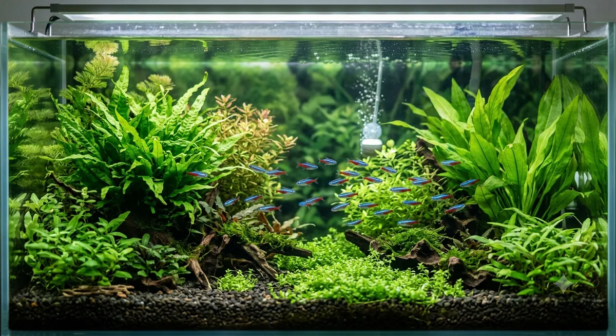 cardume de peixes pequenos em aquário com densidade equilibrada