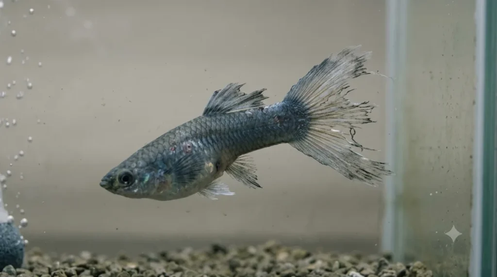 Doenças do Guppy. guppy doente com a nadadeira da cauda desfiada