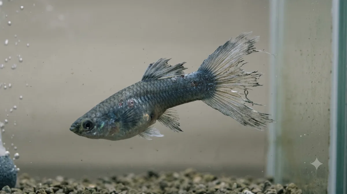 Doenças do Guppy. guppy doente com a nadadeira da cauda desfiada