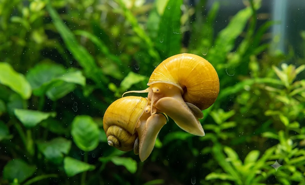 dois caramujos ampulária macho e fêmea próximos no aquário