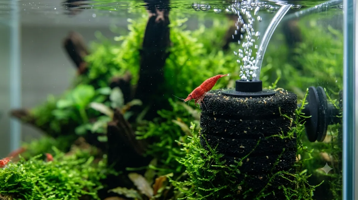 filtro de esponja seguro em aquario para camarao com bolhas de ar